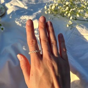 Braided Wire Ring, Handmade with Silver Colored Wire and White Beads